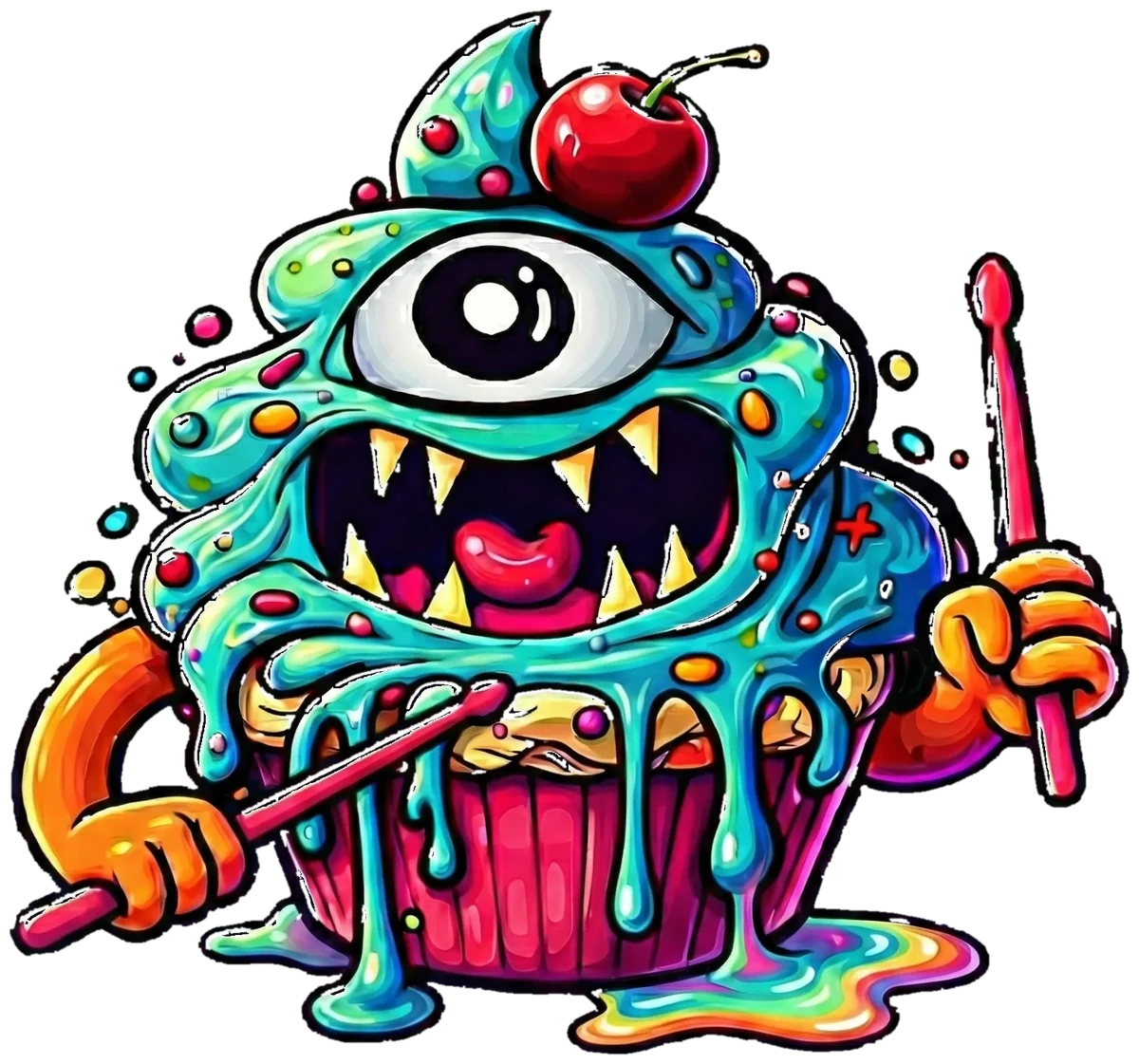The Hitz Bakery mascot, a one-eyed cupcake monster holding drumsticks